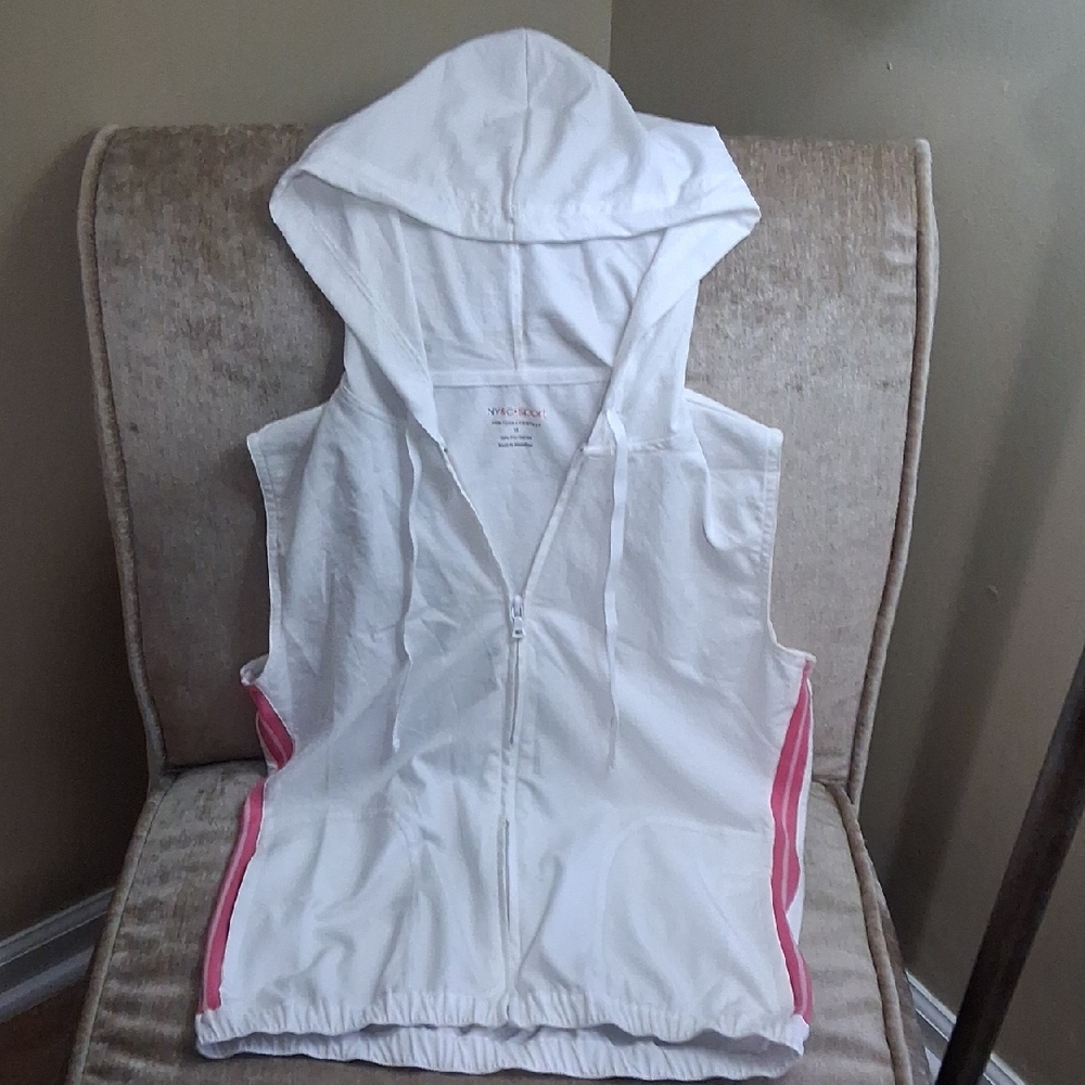 New York & Company White Hooded Vest with Pink Accents
